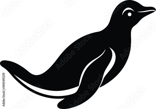silhouette of a penguin sliding on belly on white background