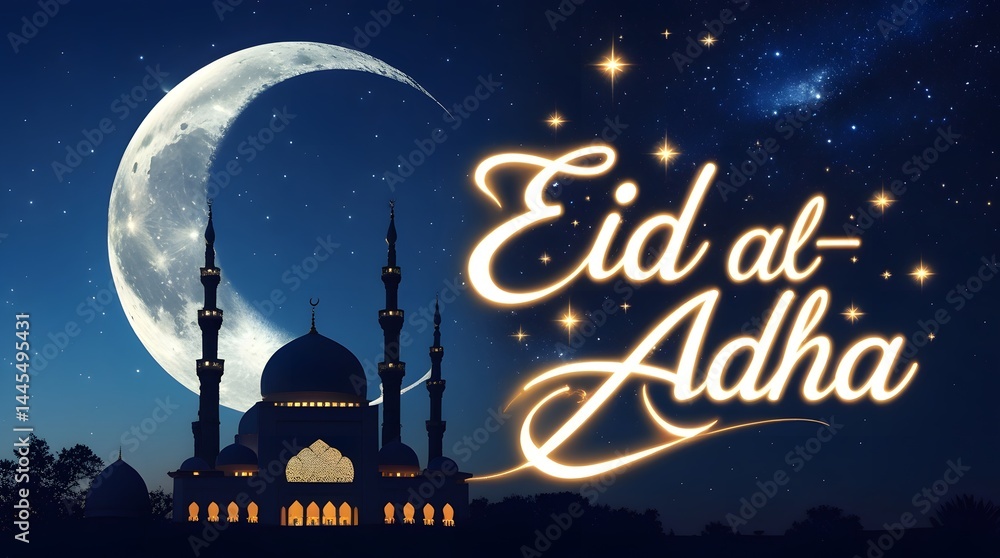 Fototapeta premium Night Mosque Silhouette with Moon for Eid al-Adha