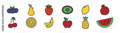 Fruits vector icon set. Colorful fruits vector, tropical symbol or logo. Contains such icons as apple, strawberry, watermelon and more.