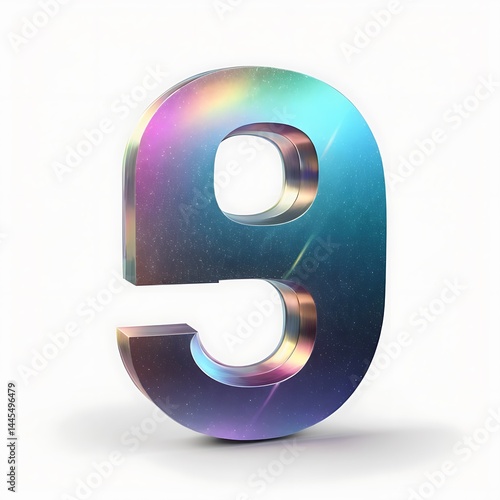 3D Holographic number 9 on white background
