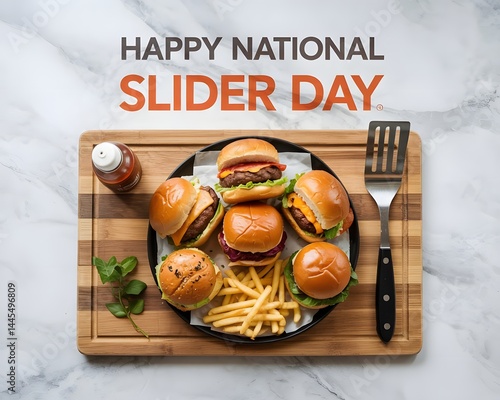 High-angle shot of assorted sliders on a black plate, arranged on a wooden cutting board.