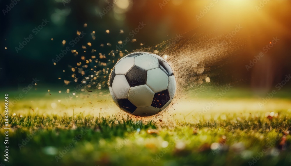 Naklejka premium close-up of classic black and white soccer ball kicking up grass on sunny field at sunset, perfect for sports branding, web design, or print graphics