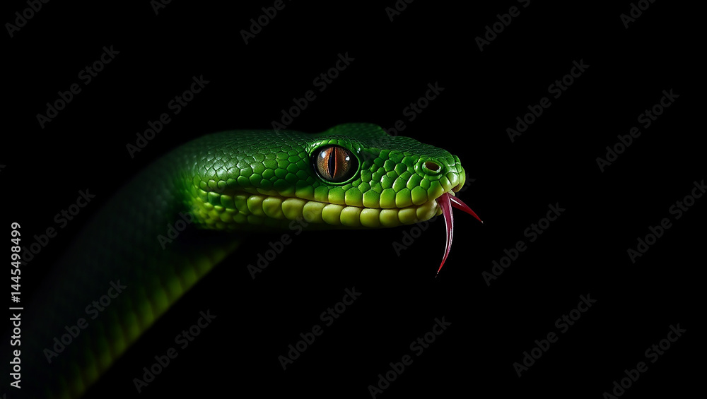 Fototapeta premium A bright green snake with smooth scales stared intently from the darkness.