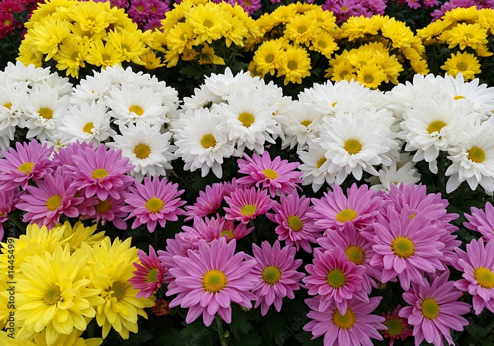 A vibrant display of chrysanthemums in yellow white and pink arranged in horizontal bands close up view A vibrant display of chrysanthemums in yellow white and pink arranged in horizontal bands close up view
