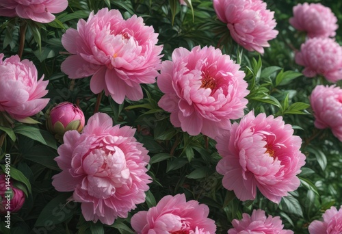 Luscious pink peonies, lush green foliage, vibrant bloom ,  design,  art