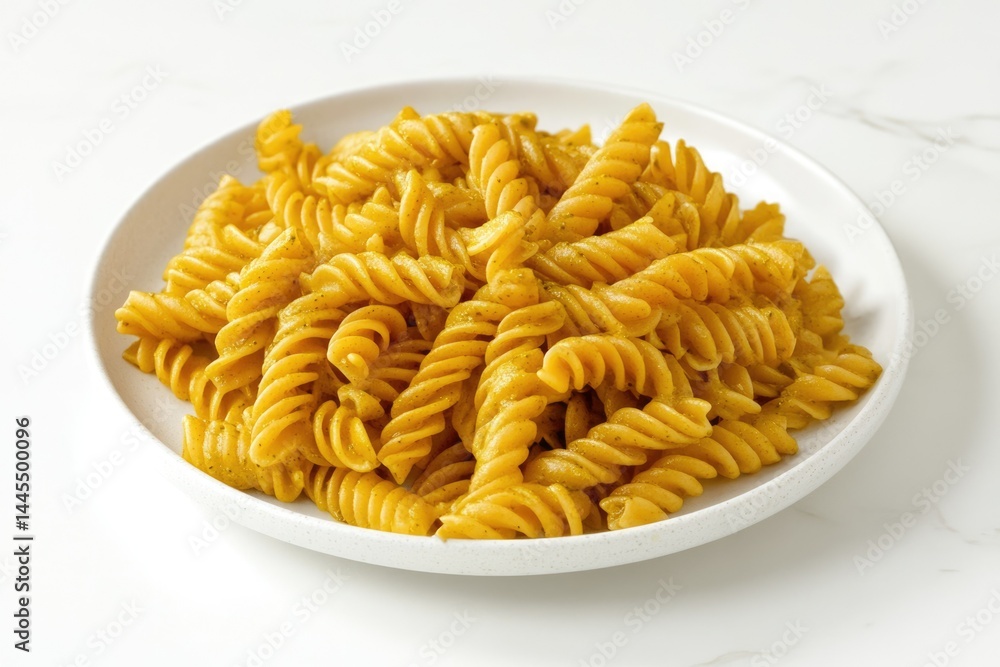 A plate of delicious rotini pasta coated in a vibrant yellow sauce. A plate of delicious rotini pasta coated in a vibrant yellow sauce.