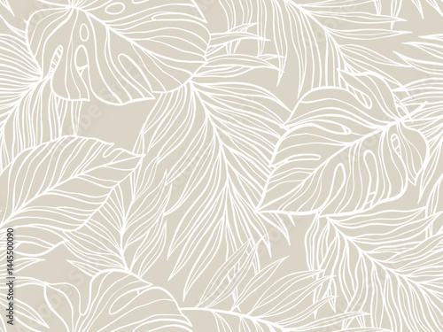 Vector Illustration Of Monstera And Tropical Leaves Outline Pattern In Beige Tones, Seamless Background Highlighting Natural Elegance And Tropical Style For Design And Decoration Projects