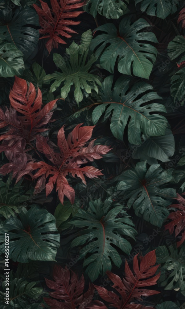 Lush, dark green & crimson tropical leaves, intricate pattern , leaves, greenery, foliage Lush, dark green & crimson tropical leaves, intricate pattern , leaves, greenery, foliage