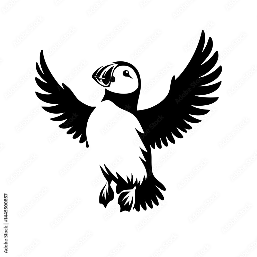 Obraz premium Majestic Puffin in Flight: A Stunning Black and White Illustration