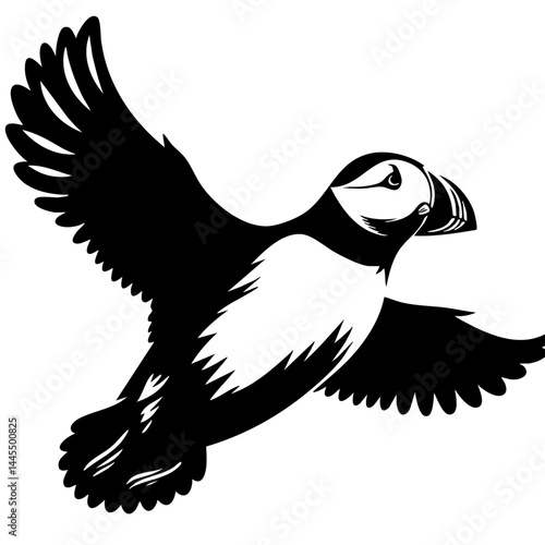 Majestic Puffin in Flight: A Stunning Black and White Bird Illustration