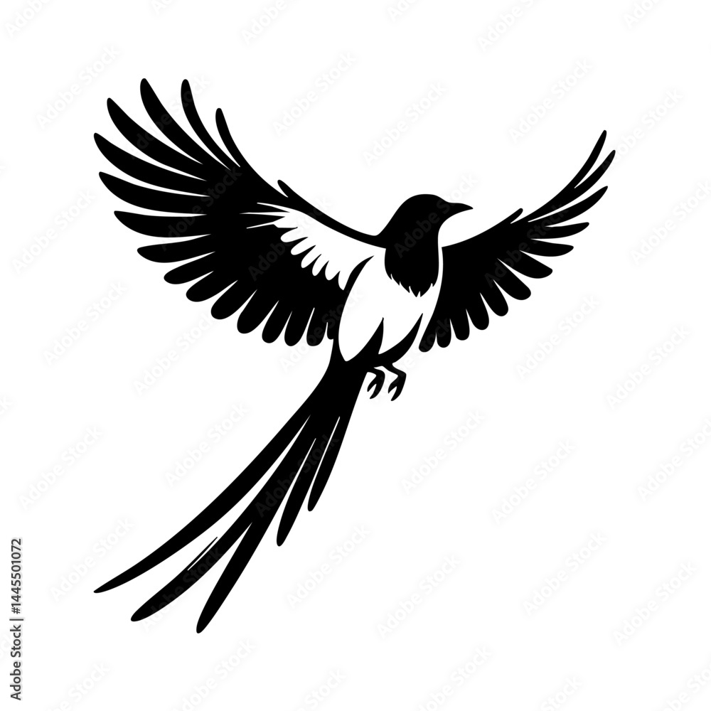 Obraz premium Elegant Magpie in Flight: Black and White Bird Silhouette