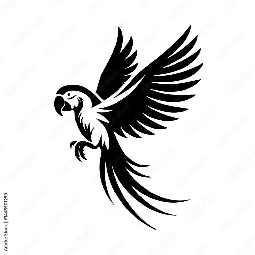 Obraz premium Majestic Parrot in Flight: Black and White Bird Vector Graphic