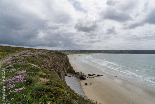 Konstfotografi Entre ciel et mer, falaises bretonnes fleuries surplombant les eaux turquoise du printemps