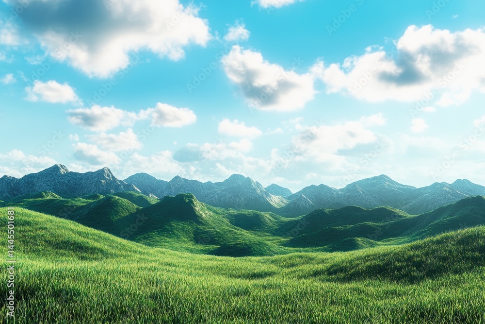 Lush green hills and mountains under a bright sky Lush green hills and mountains under a bright sky