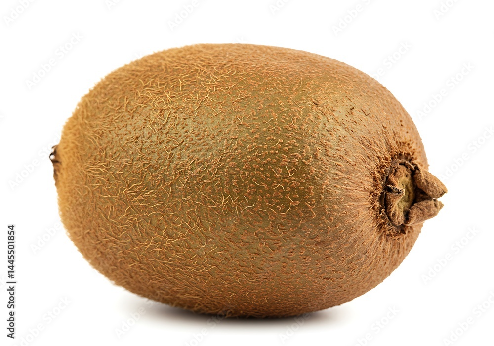 Fototapeta premium Close up shot of a single kiwi fruit with a brown fuzzy skin isolated on a white background studio shot