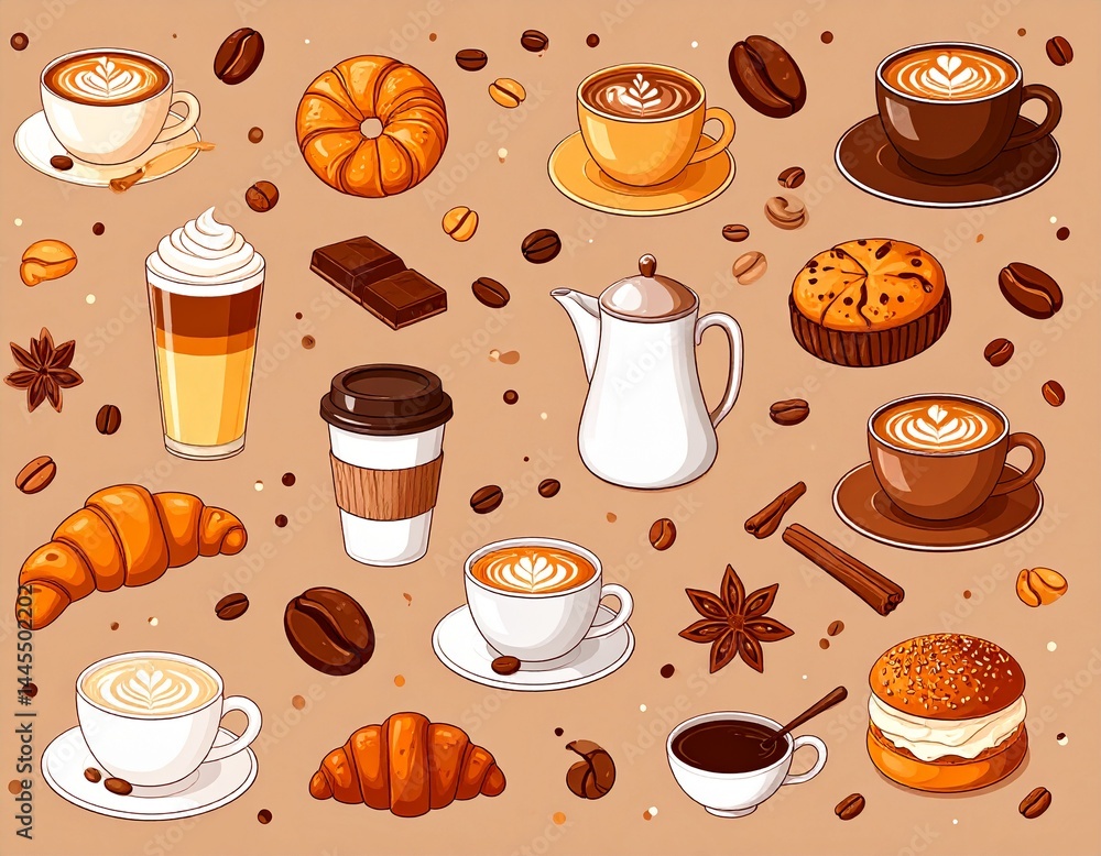 Kubki i filiżanki z kawą, ciastka, dzbanki, przyprawy, croissanty i ziarna kawy. Ilustracja, grafik, ikony