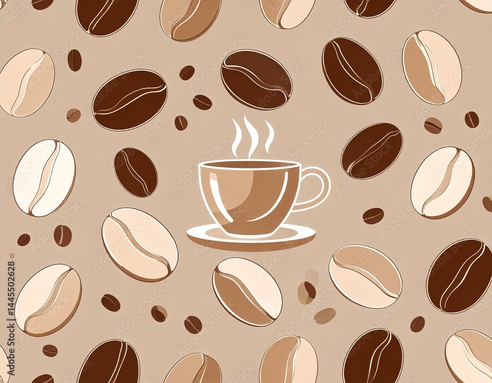 Coffee cup surrounded by coffee beans. Illustration, logo, pattern.