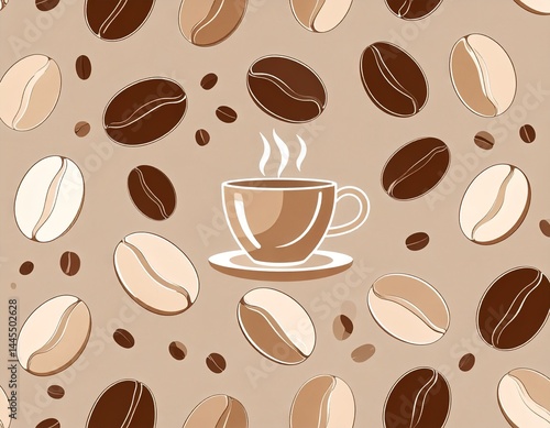 Obraz na płótnie Coffee cup surrounded by coffee beans. Illustration, logo, pattern. w salonie