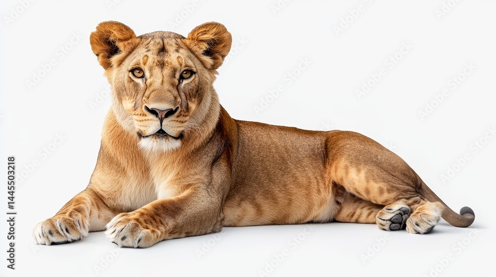 Fototapeta premium Majestic female lion resting on white background