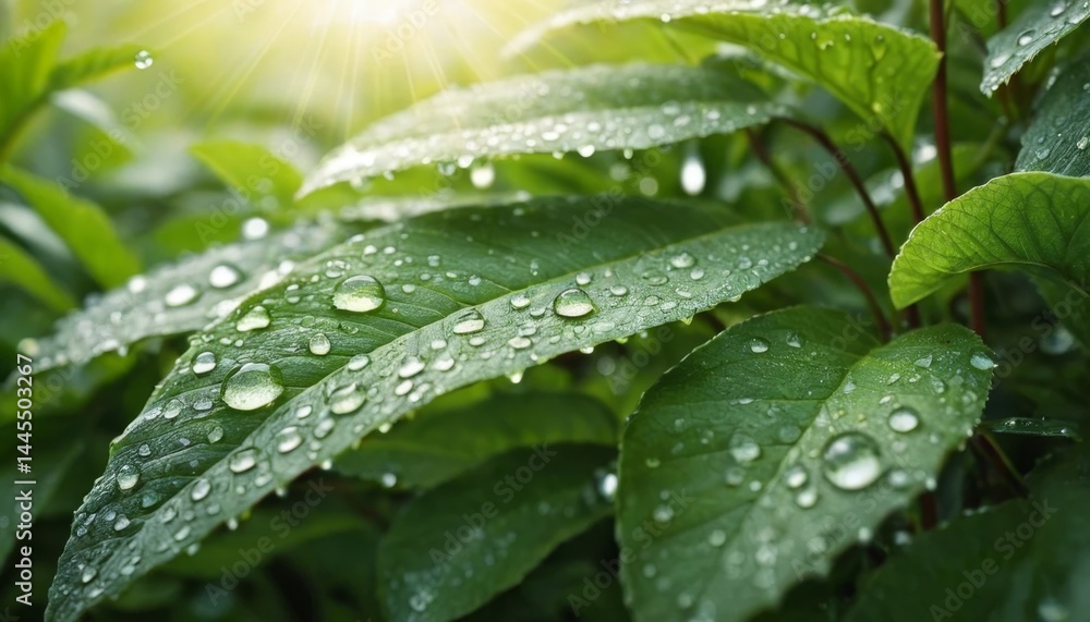 Close-up View of Fresh Green Leaves with Water Droplets and Sunlight Creating a Natural and Refreshing Atmosphere Close-up View of Fresh Green Leaves with Water Droplets and Sunlight Creating a Natural and Refreshing Atmosphere