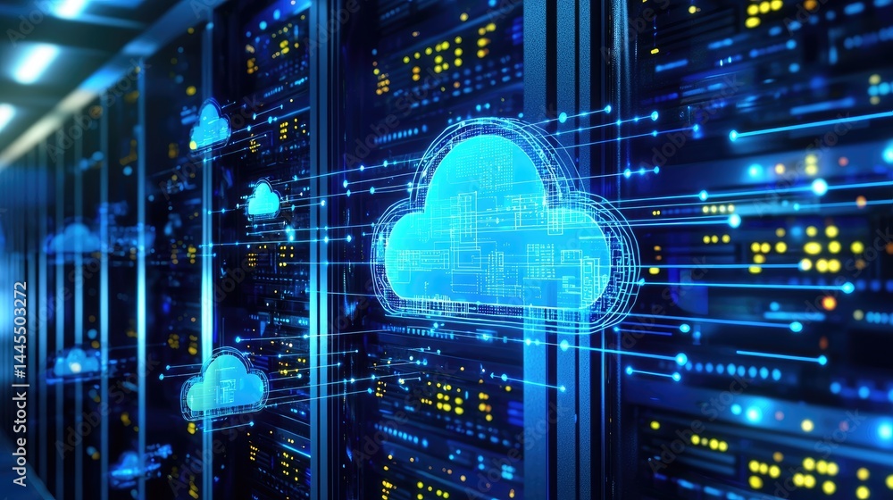 Advanced data center with multiple glowing cloud icons and servers, great for visualizing cloud services, data processing, and digital transformation Advanced data center with multiple glowing cloud icons and servers, great for visualizing cloud services, data processing, and digital transformation