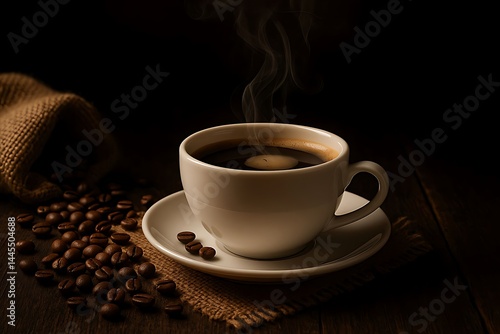 A steaming hot cup of coffee sits elegantly on a saucer, surrounded by scattered coffee beans. The base features a burlap sack on a textured wooden table, adding to the rustic feel. Dark background