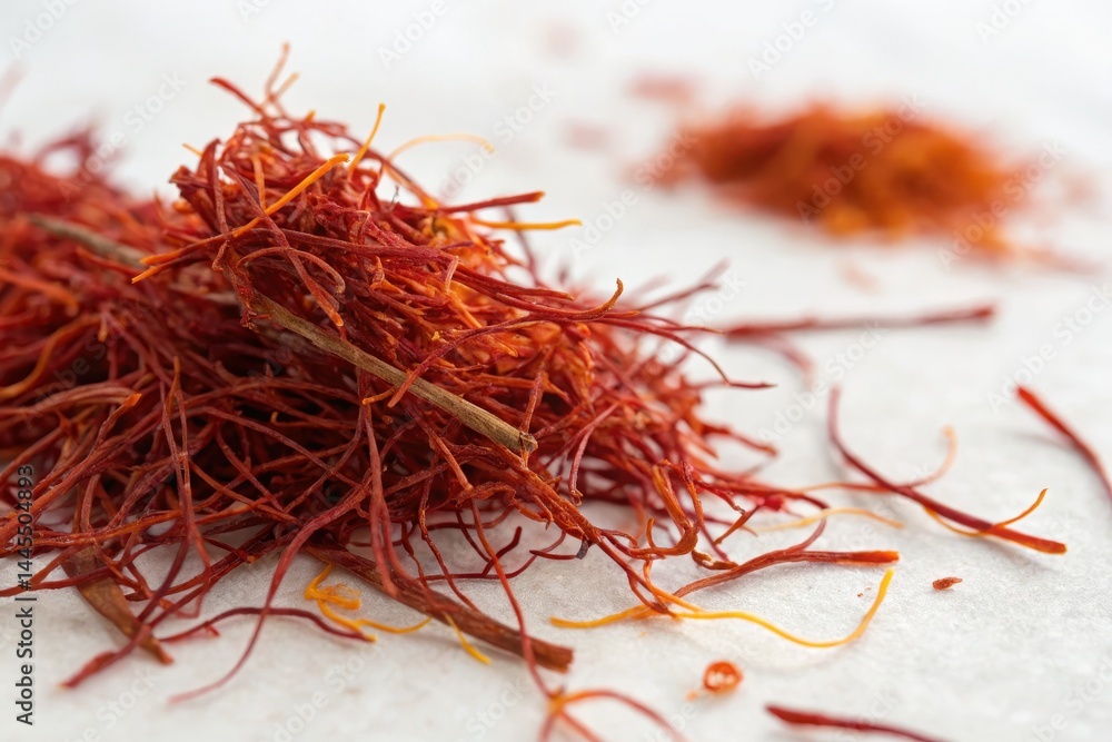 Naklejka premium Vibrant red saffron strands arranged in a natural cluster, perfect for culinary or artistic use.