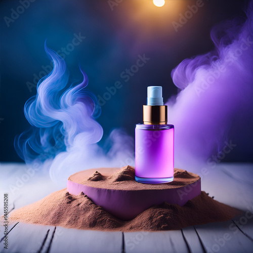 bottle of perfume on the sand table with smoke and fog