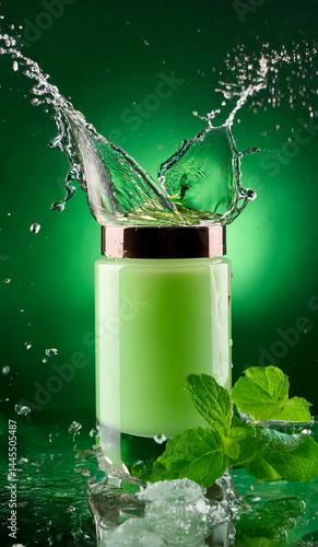 glass of cosmetics bottle with mint leaf and ice on black background with copy space, front view, water splash and fruit ingredient