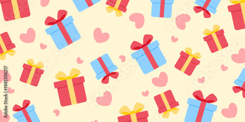 Blue and ret gift collection seamless pattern with heart decoration and yellow background for wallpaper, paper wrapping and party decoration