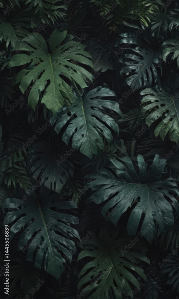 Dark, lush tropical leaves overlap, creating a textured, mysterious pattern , background, elegant, shadow Dark, lush tropical leaves overlap, creating a textured, mysterious pattern , background, elegant, shadow