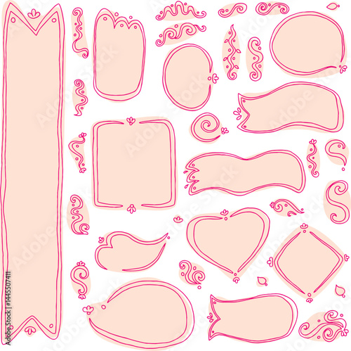Set of curved line frames with pink fills, scribbled, hand drawn: long ribbon, wavy ribbons, heart, round shapes, rhomb