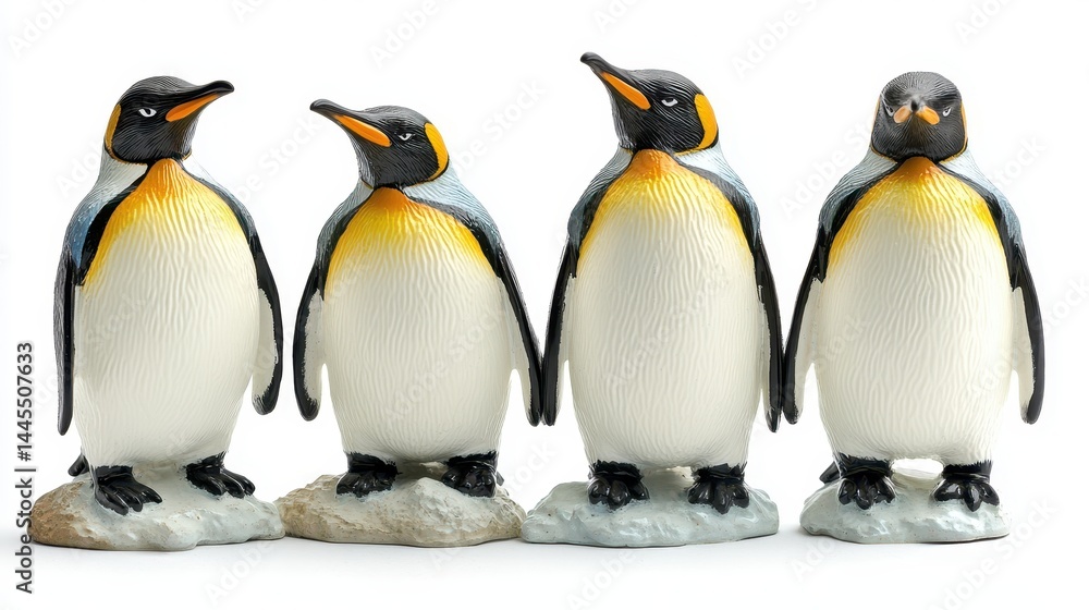 Obraz premium Four lifelike penguin figurines aligned on white background