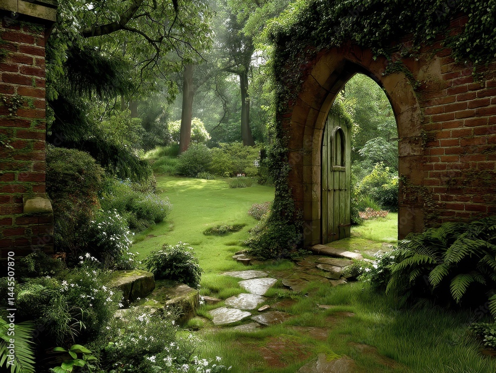 Obraz premium An enchanting garden passageway through ancient stone walls.