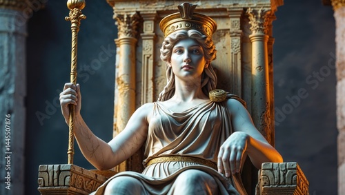 Regal statue of a female figure, possibly a queen or goddess, seated on an ornate throne. The warm lighting highlights the intricate details of the sculpture and its gold accents.