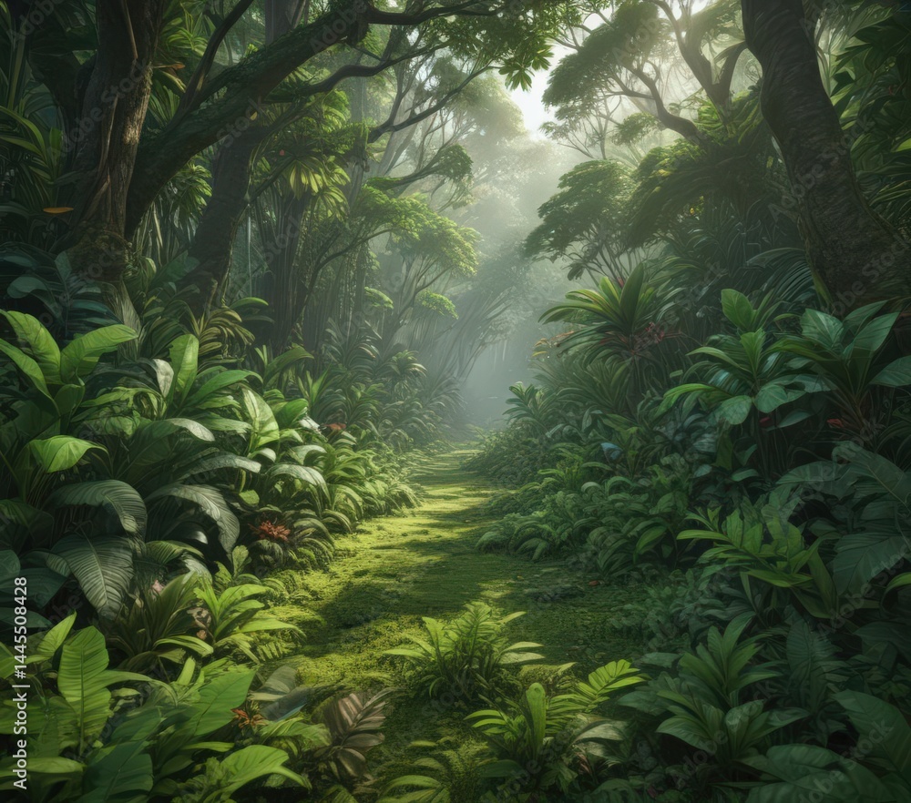 Naklejka premium Lush green tropical undergrowth, vibrant leaves carpet the forest floor , background, undergrowth