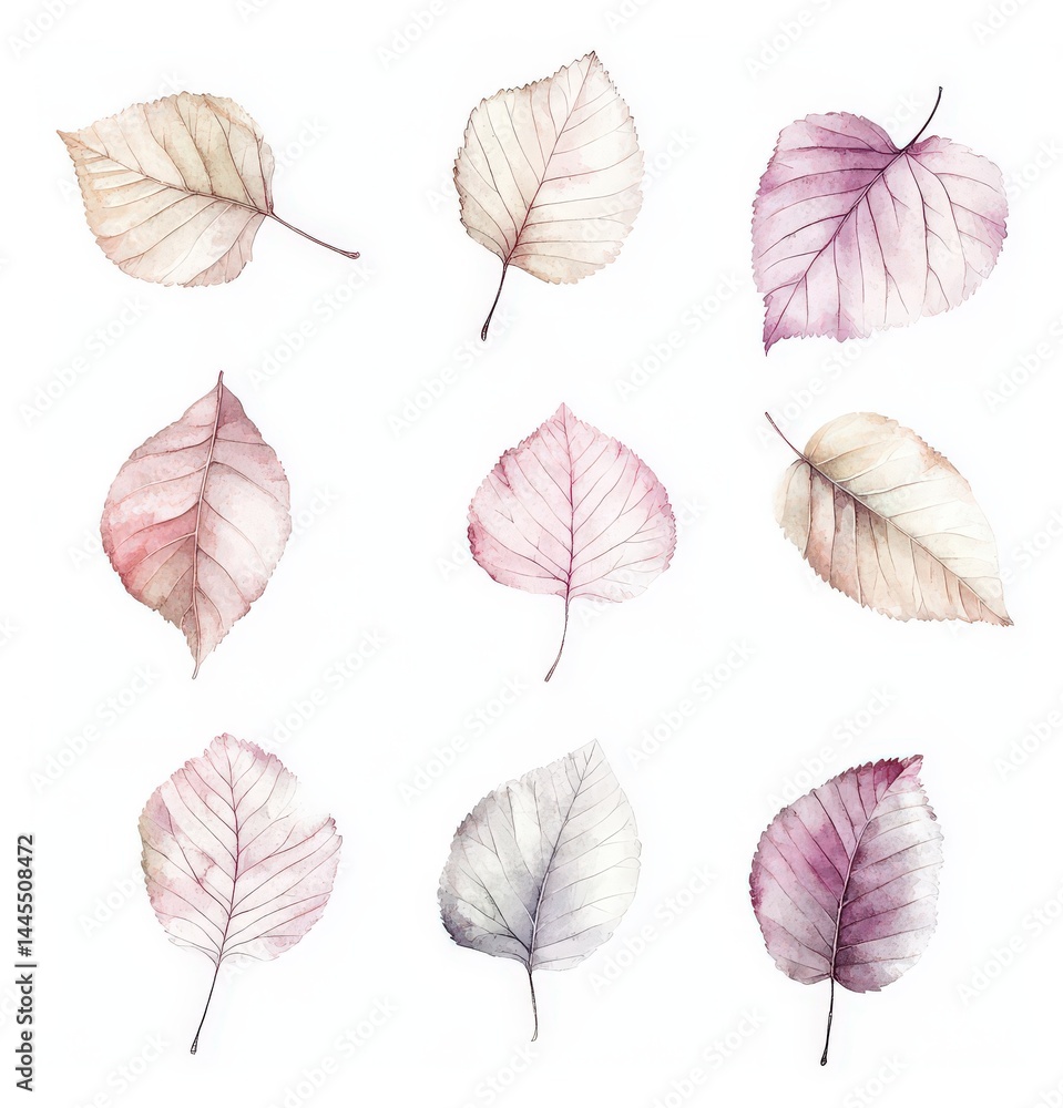 Obraz premium A collection of beautifully illustrated birch leaves in soft pastel hues set against a clean white background