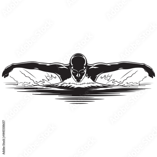 Swimmer Female Front View, Butterfly Swim Vector Black silhouettes. with white background
