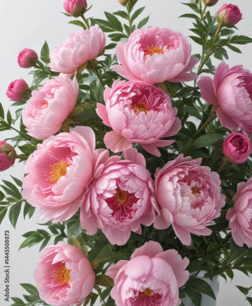 Fototapeta premium Lush pink peony and rose bunch isolated on white Ideal for greeting cards , blossom, floral