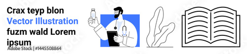 Doctor examining medicine bottle beside minimalistic plant and book illustration. Ideal for healthcare, education, medicine, reading, research, wellness, simple landing page