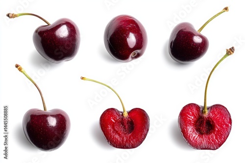 Overhead macro photograph of red cherry centered on pure white backdrop, diffused studio light accenting glossy skin for minimalist healthy-snack graphics.