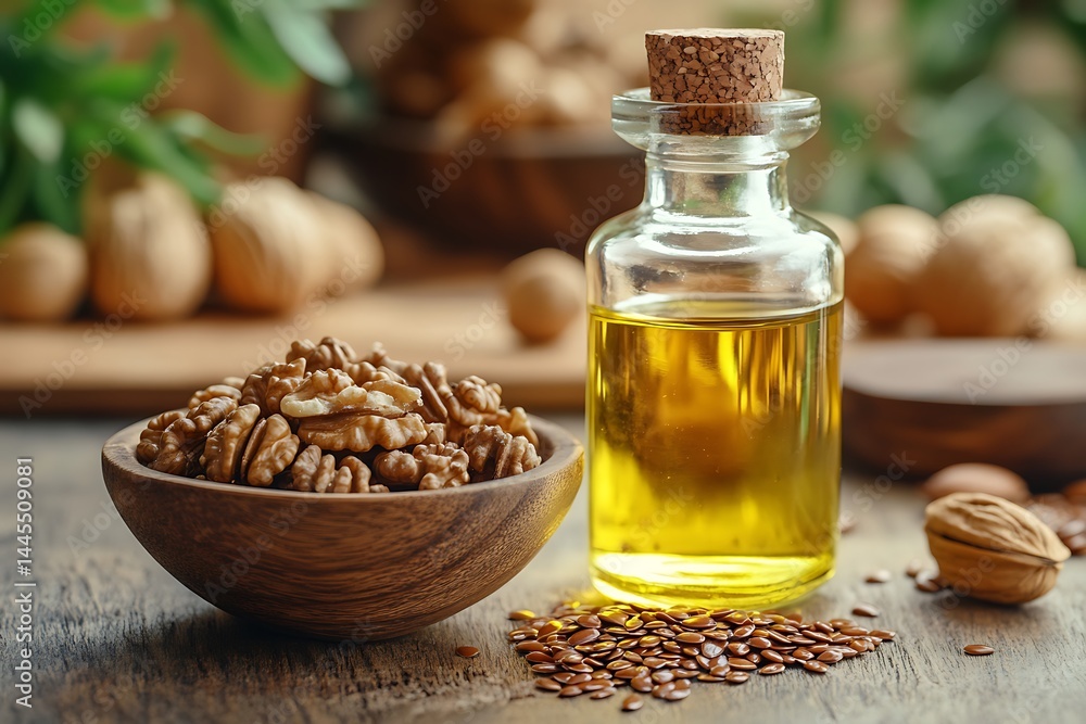 Bottle of Healthy Walnut and Flaxseed Oil with Nuts and Seeds in Natural Setting Bottle of Healthy Walnut and Flaxseed Oil with Nuts and Seeds in Natural Setting