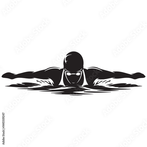 Swimmer Female Front View, Butterfly Swim Vector Black silhouettes. with white background