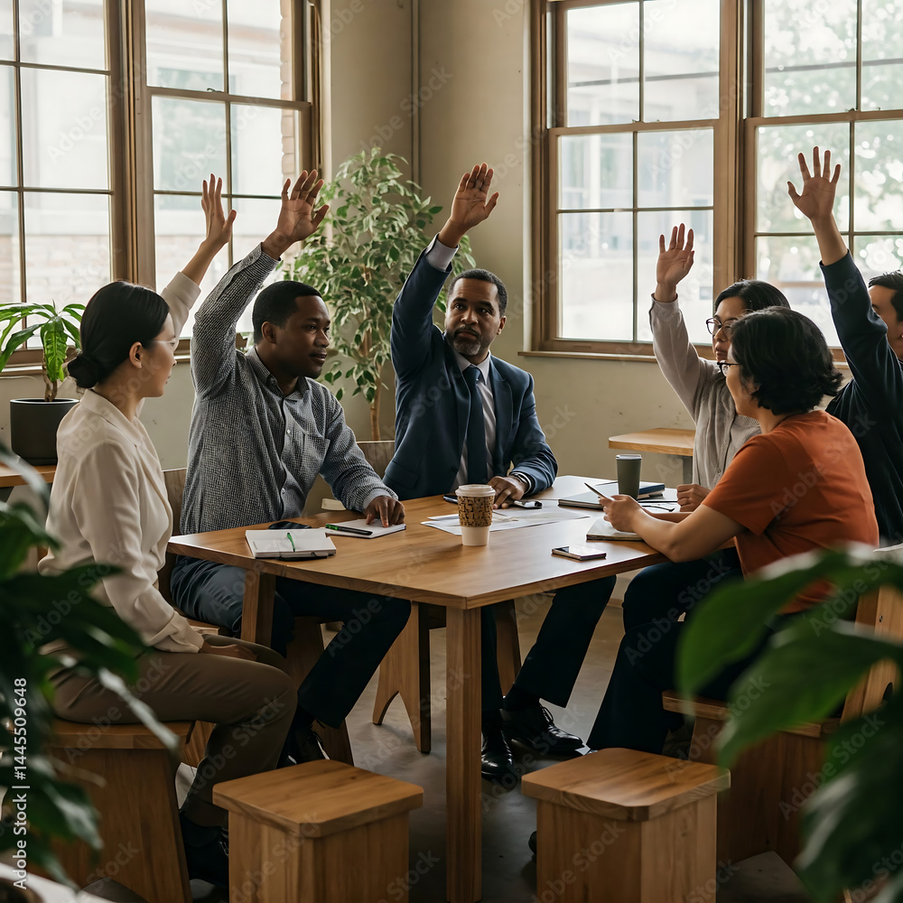 A diverse group of six adults, appearing to include individuals of African American and Asian descent, raising their hands during a meeting around a wooden table A diverse group of six adults, appearing to include individuals of African American and Asian descent, raising their hands during a meeting around a wooden table