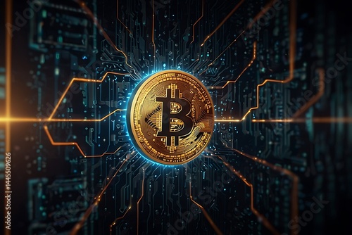 3D Render of Gold Bitcoin Emblem with Digital Network - Crypto Currency Investment and Technology, Abstract Golden Bitcoin Sign with Electronic Circuit Lines - Blockchain, Crypto Mining, and Trading