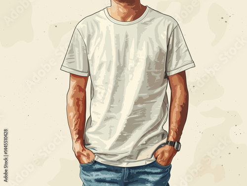 Men in white t-shirt and blue jeans. Vector illustration.