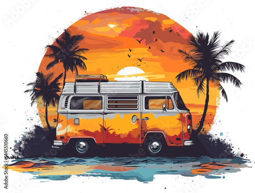 Vintage camper van on the beach with palm trees. Vector illustration