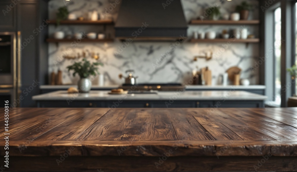 Fototapeta premium Glossy dark walnut table in sharp focus with blurred luxury kitchen behind. Marble surfaces, gold accents, and soft spotlights create an elegant backdrop.
