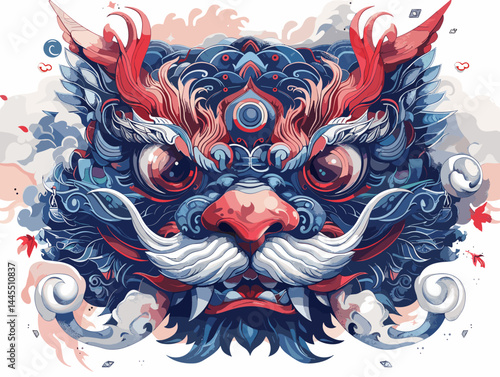 Vector illustration of a lion head in the style of Chinese zodiac.