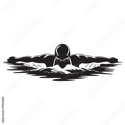Swimmer Female Front View, Butterfly Swim Vector Black silhouettes. with white background